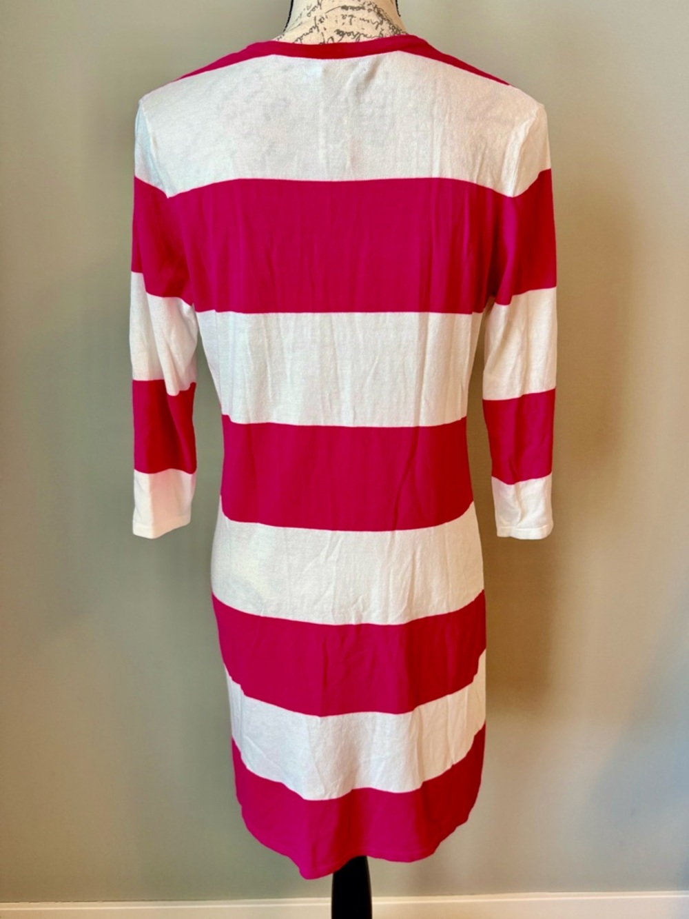 Tommy Bahama Pink White Stripe Dress Medium Deep Scoop 3/4 Sleeve Resort Coastal - Picture 2 of 5
